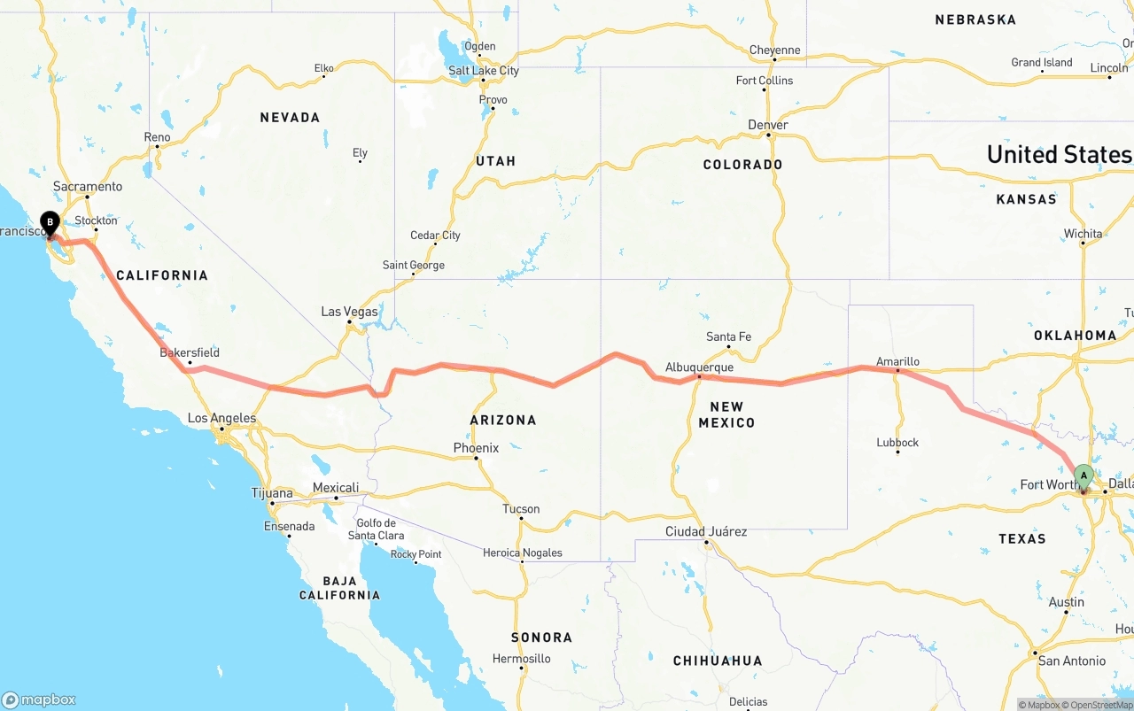Shipping route from Fort Worth to San Francisco
