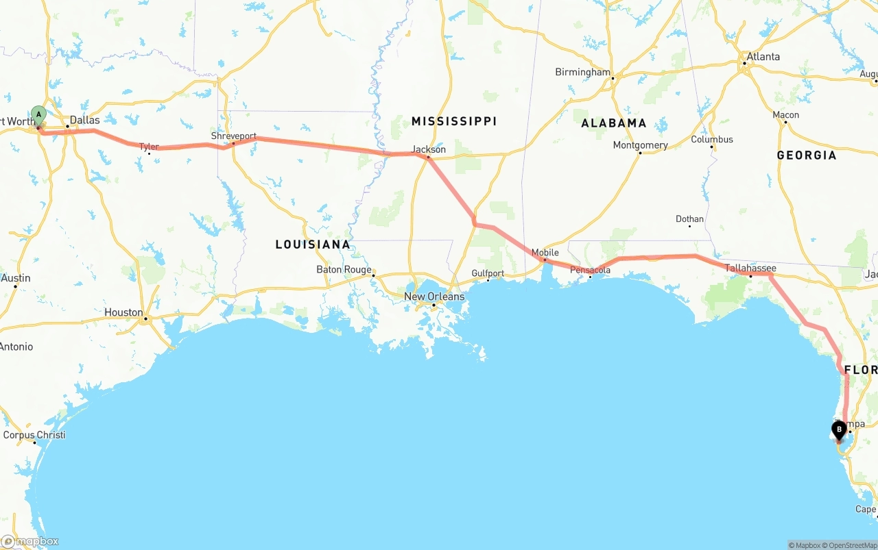 Shipping route from Fort Worth to St. Petersburg