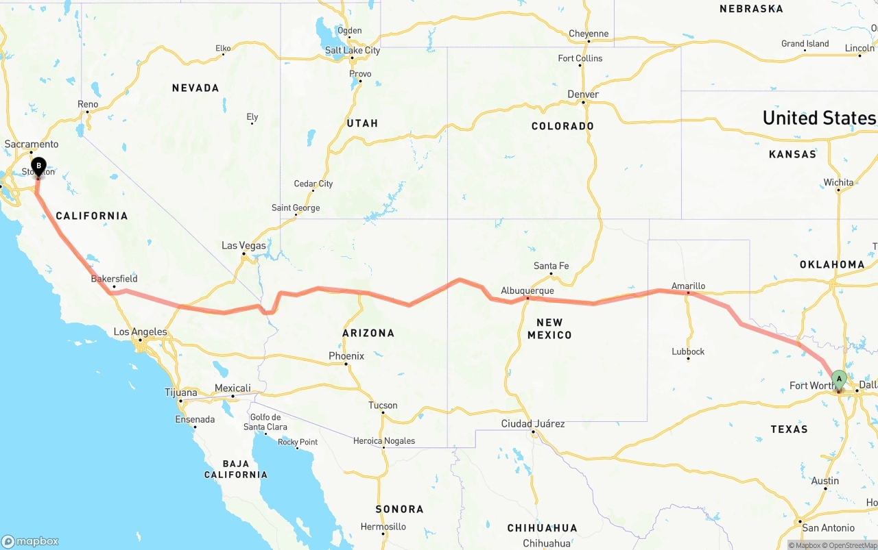 Shipping route from Fort Worth to Stockton