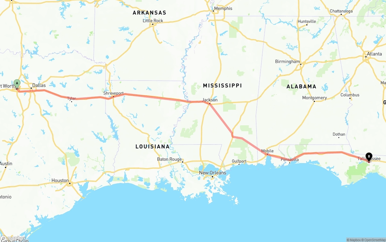 Shipping route from Fort Worth to Tallahassee
