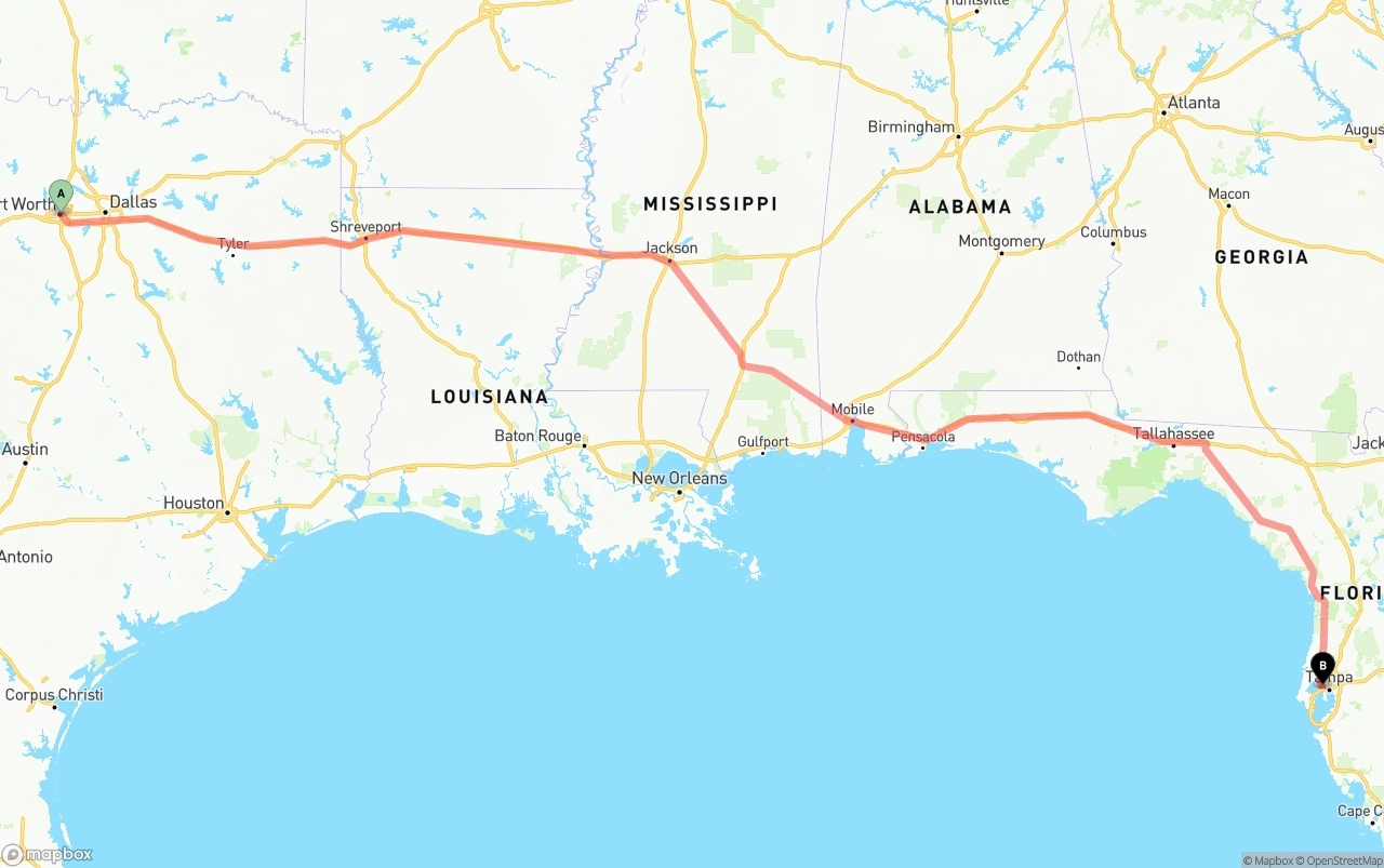 Shipping route from Fort Worth to Tampa International Airport
