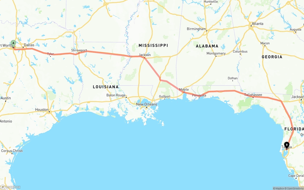 Shipping route from Fort Worth to Tampa