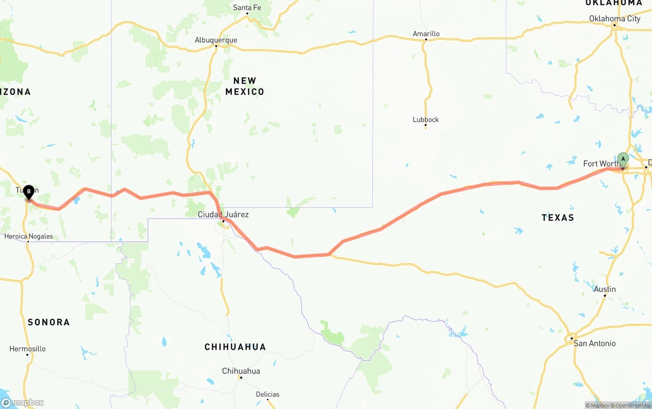 Shipping route from Fort Worth to Tucson International Airport