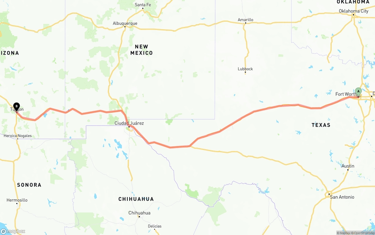Shipping route from Fort Worth to Tucson