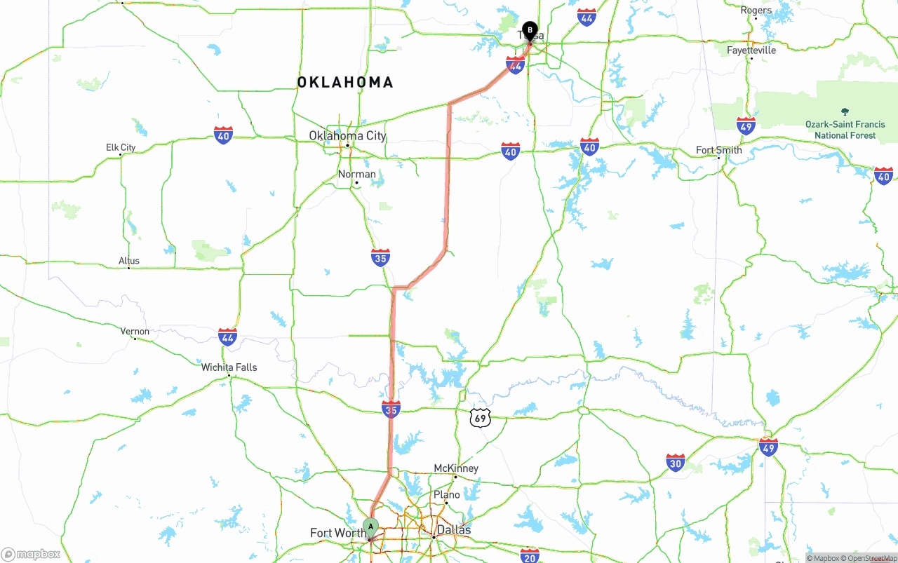 Shipping route from Fort Worth to Tulsa