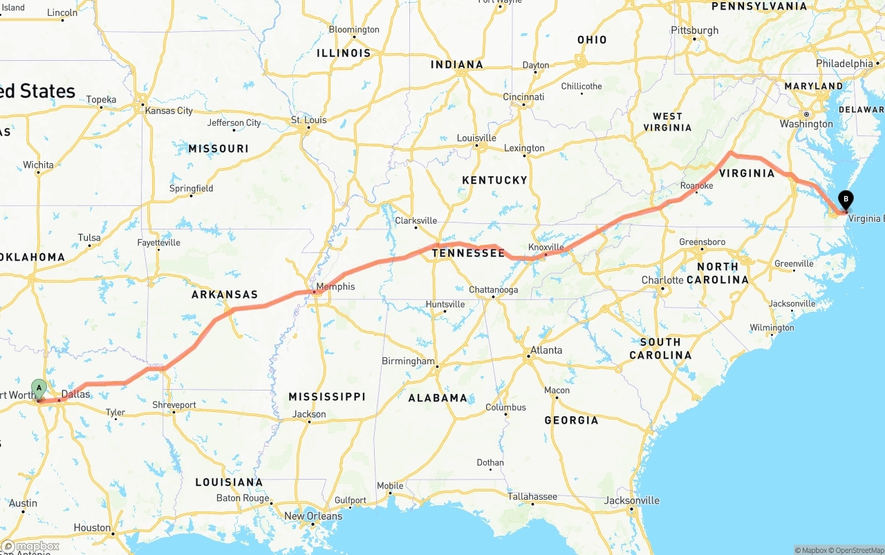 Shipping route from Fort Worth to Virginia Beach