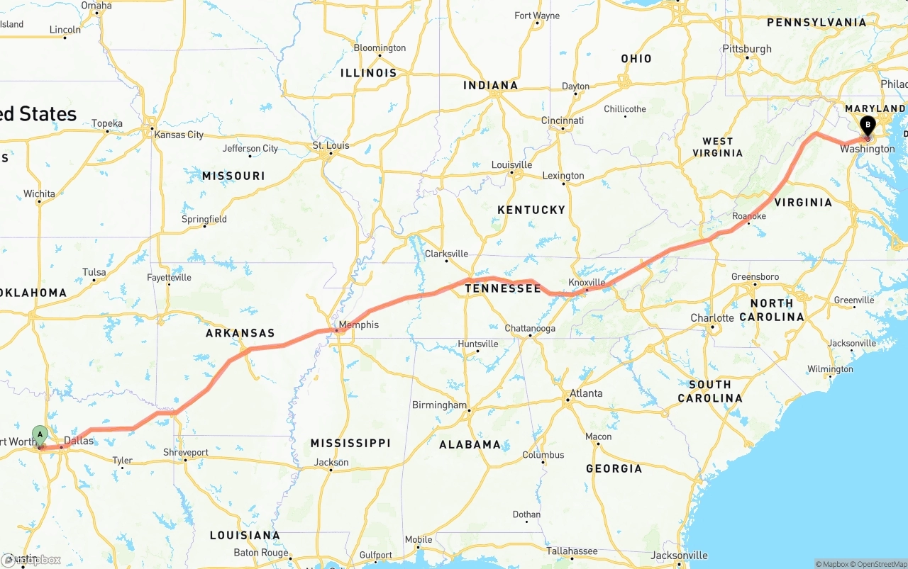 Shipping route from Fort Worth to Washington D.C.