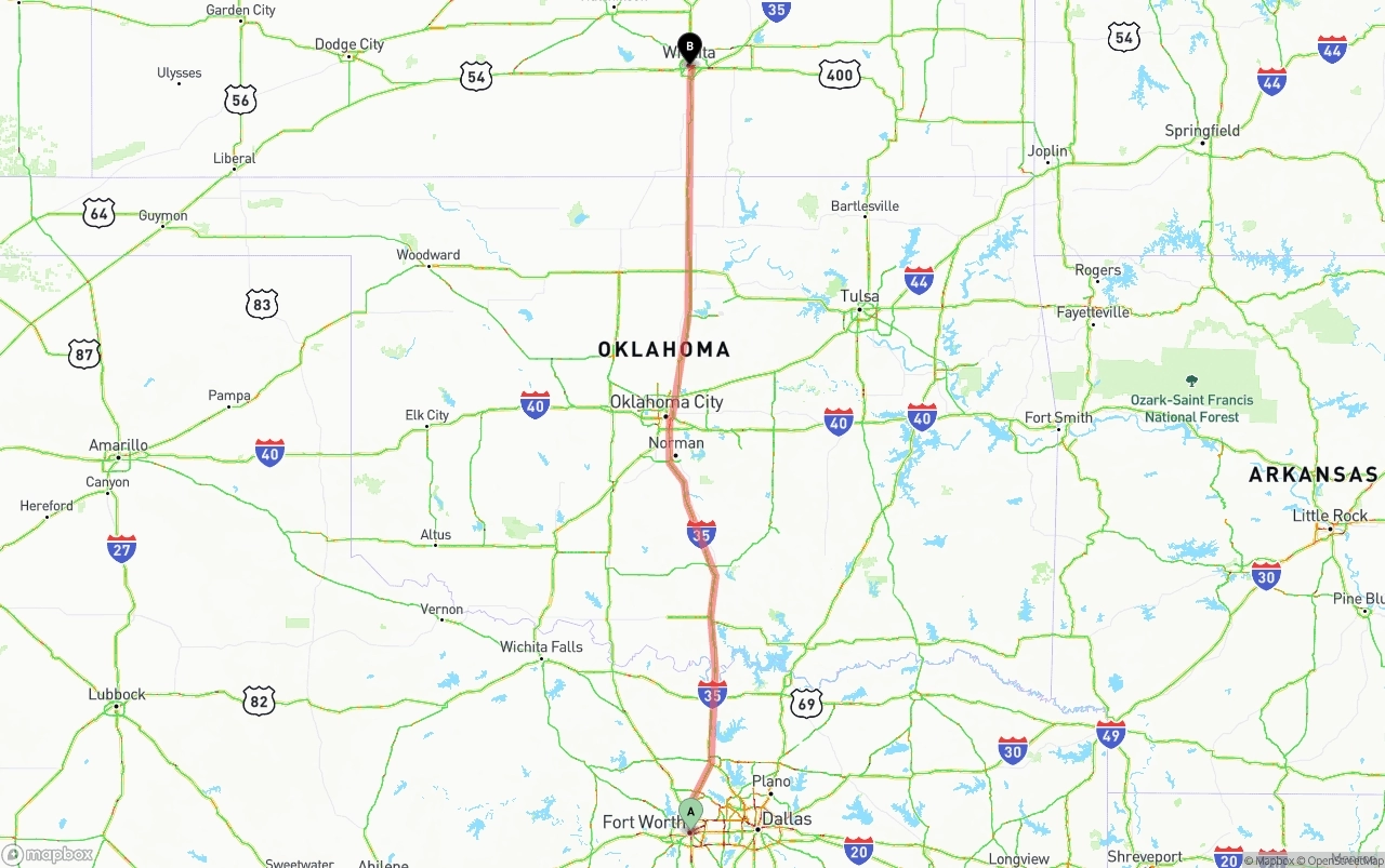 Shipping route from Fort Worth to Wichita