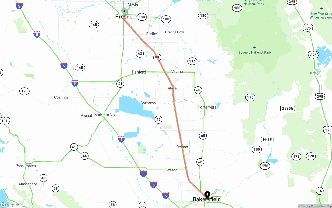 Shipping route from Fresno to Bakersfield