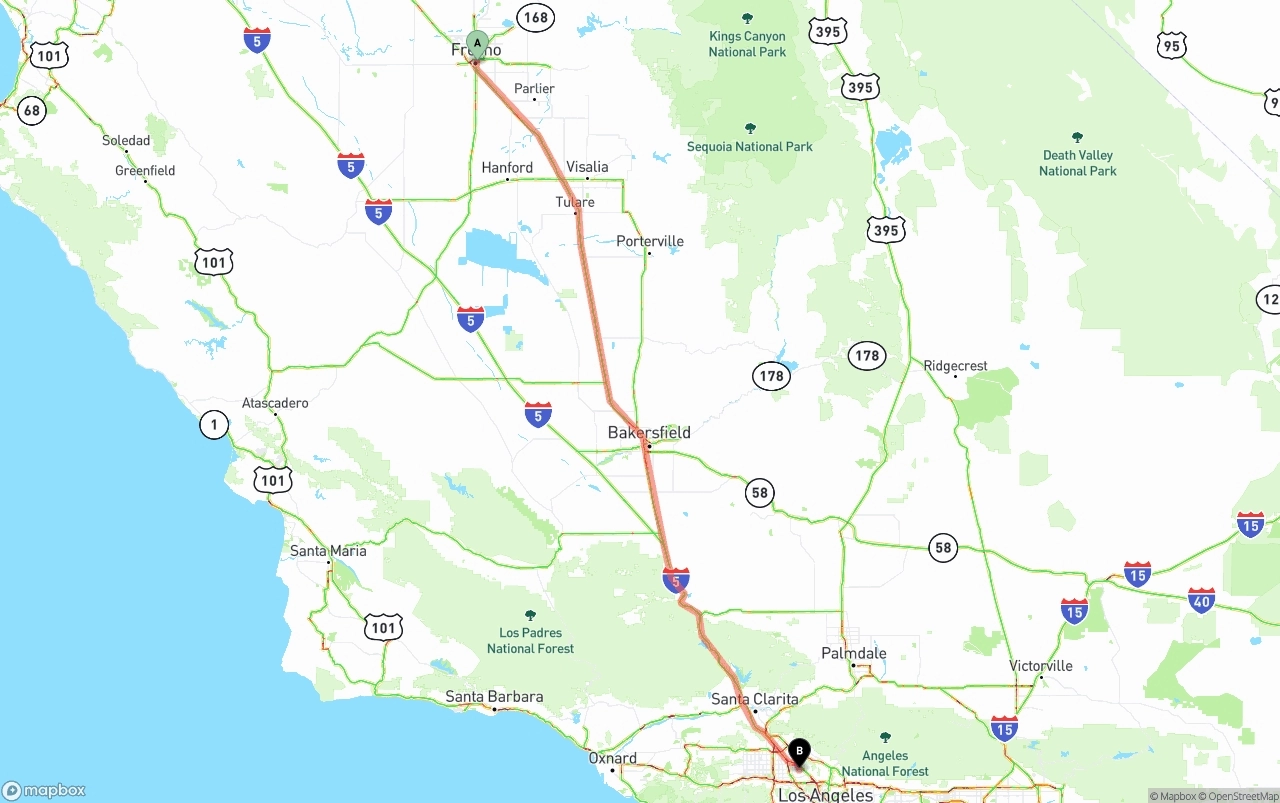Shipping route from Fresno to Bob Hope Airport