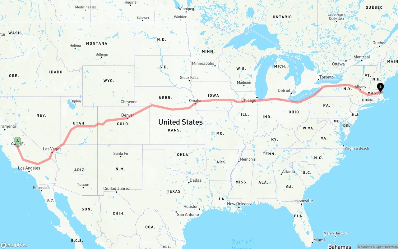 Shipping route from Fresno to Boston