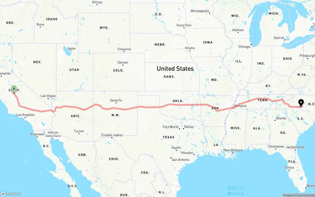 Shipping route from Fresno to Charlotte