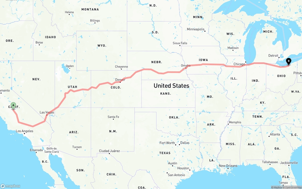Shipping route from Fresno to Cleveland