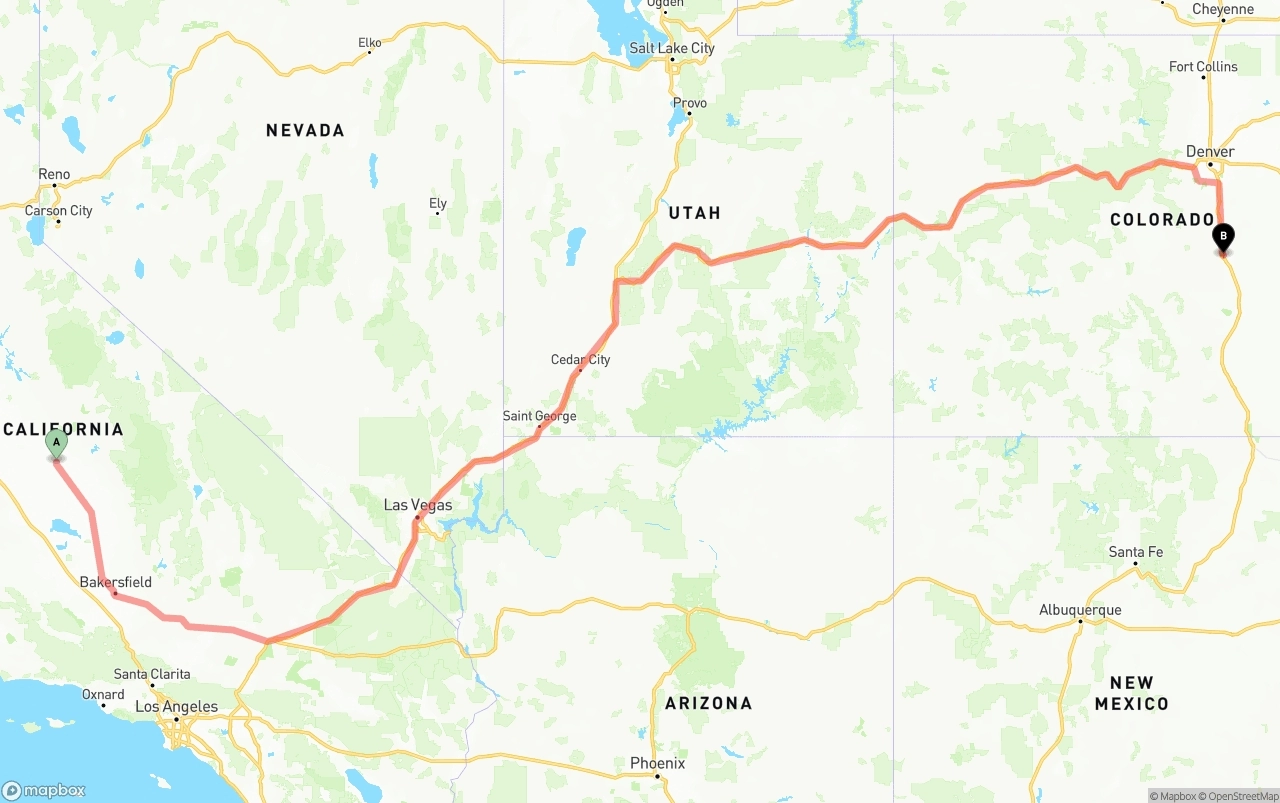 Shipping route from Fresno to Colorado Springs