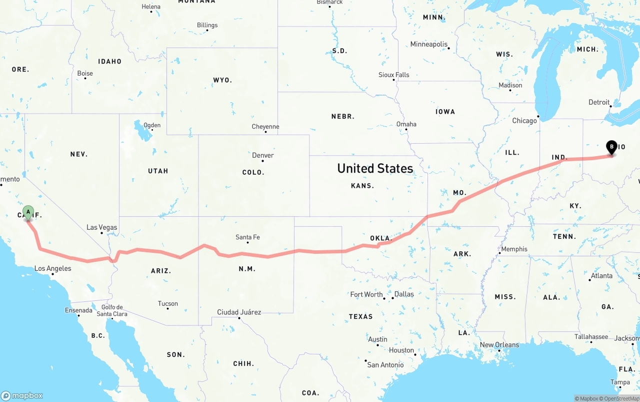 Shipping route from Fresno to Columbus