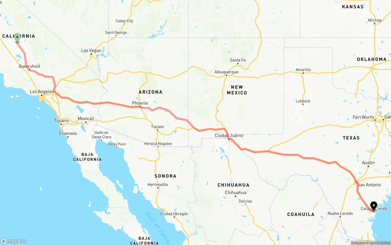 Shipping route from Fresno to Corpus Christi