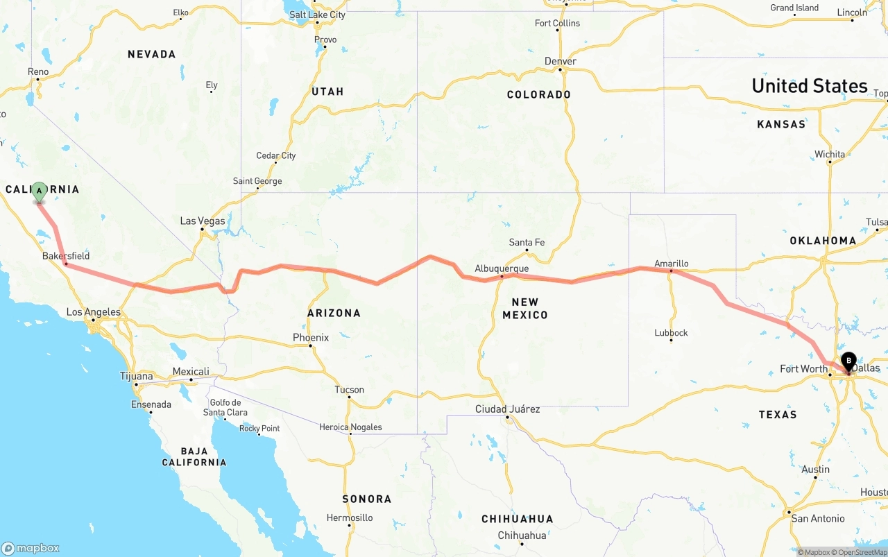 Shipping route from Fresno to Dallas