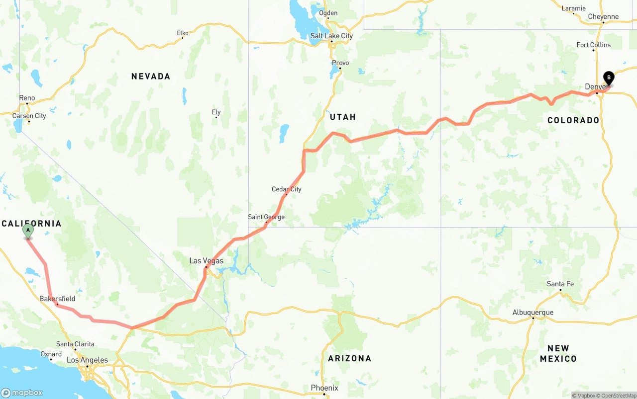 Shipping route from Fresno to Denver International Airport