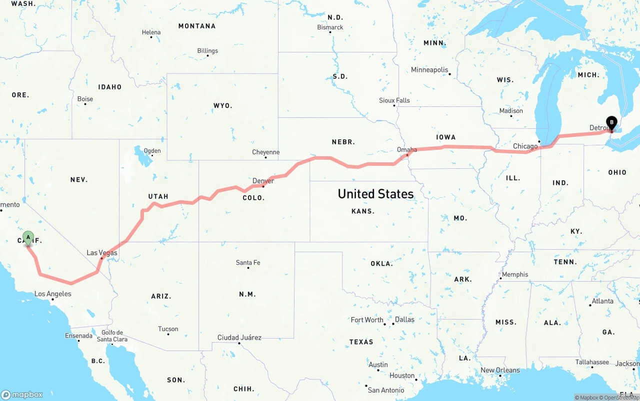 Shipping route from Fresno to Detroit