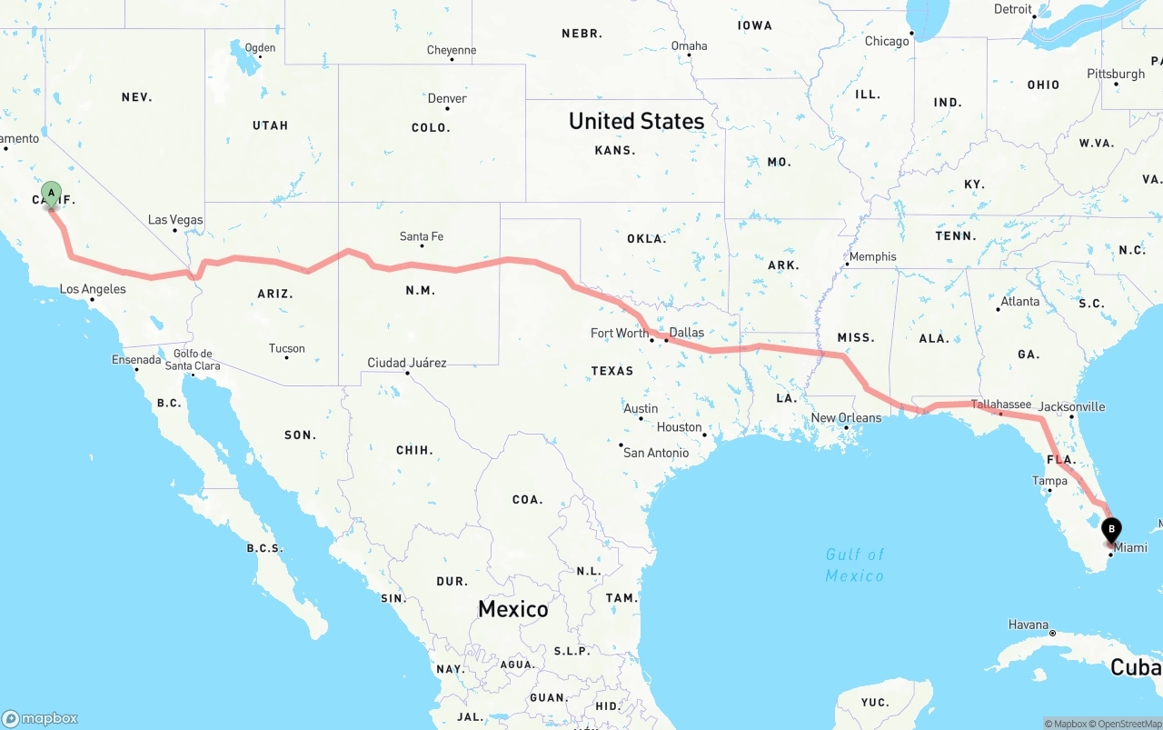 Shipping route from Fresno to Fort Lauderdale-Hollywood International Airport
