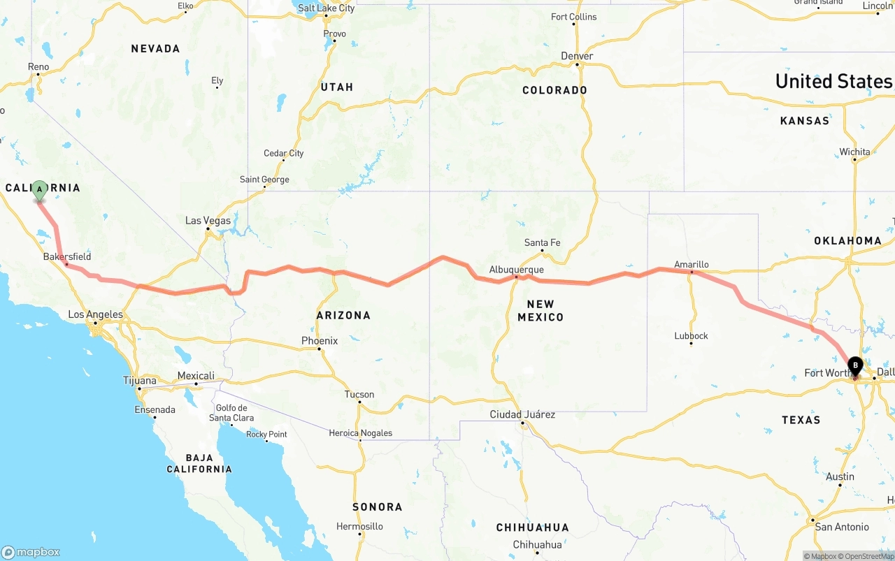 Shipping route from Fresno to Fort Worth