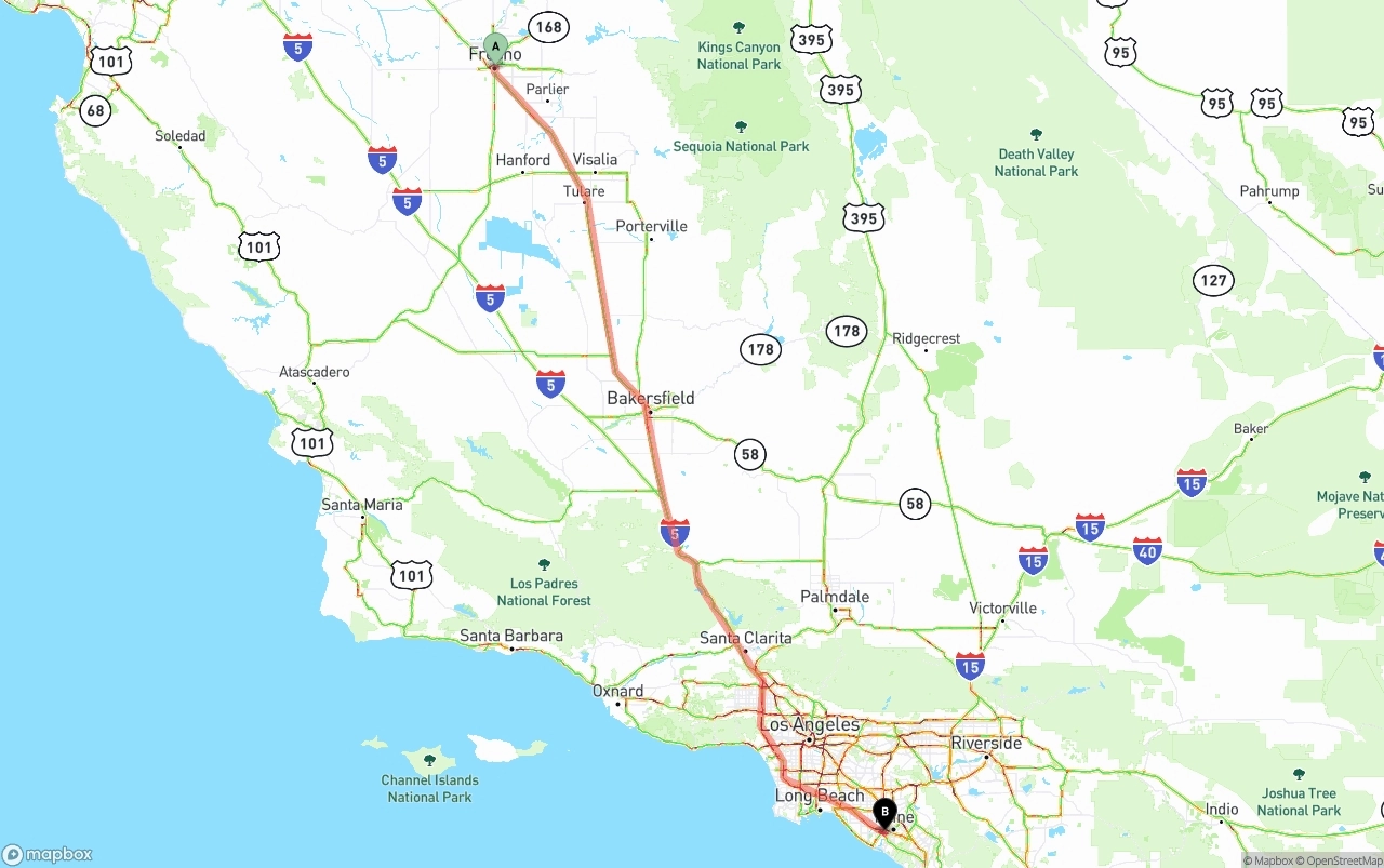 Shipping route from Fresno to John Wayne Airport — Orange County