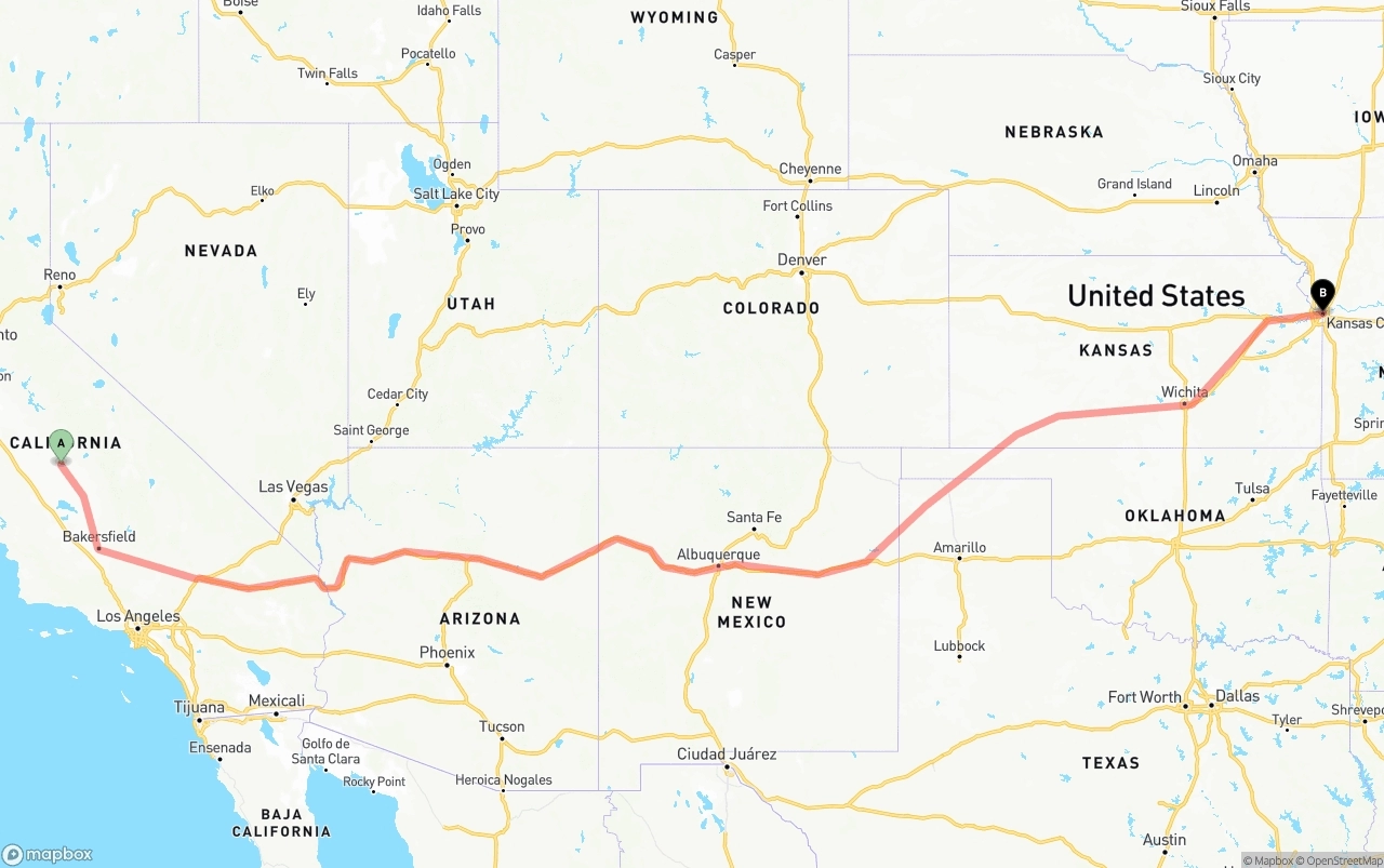 Shipping route from Fresno to Kansas City
