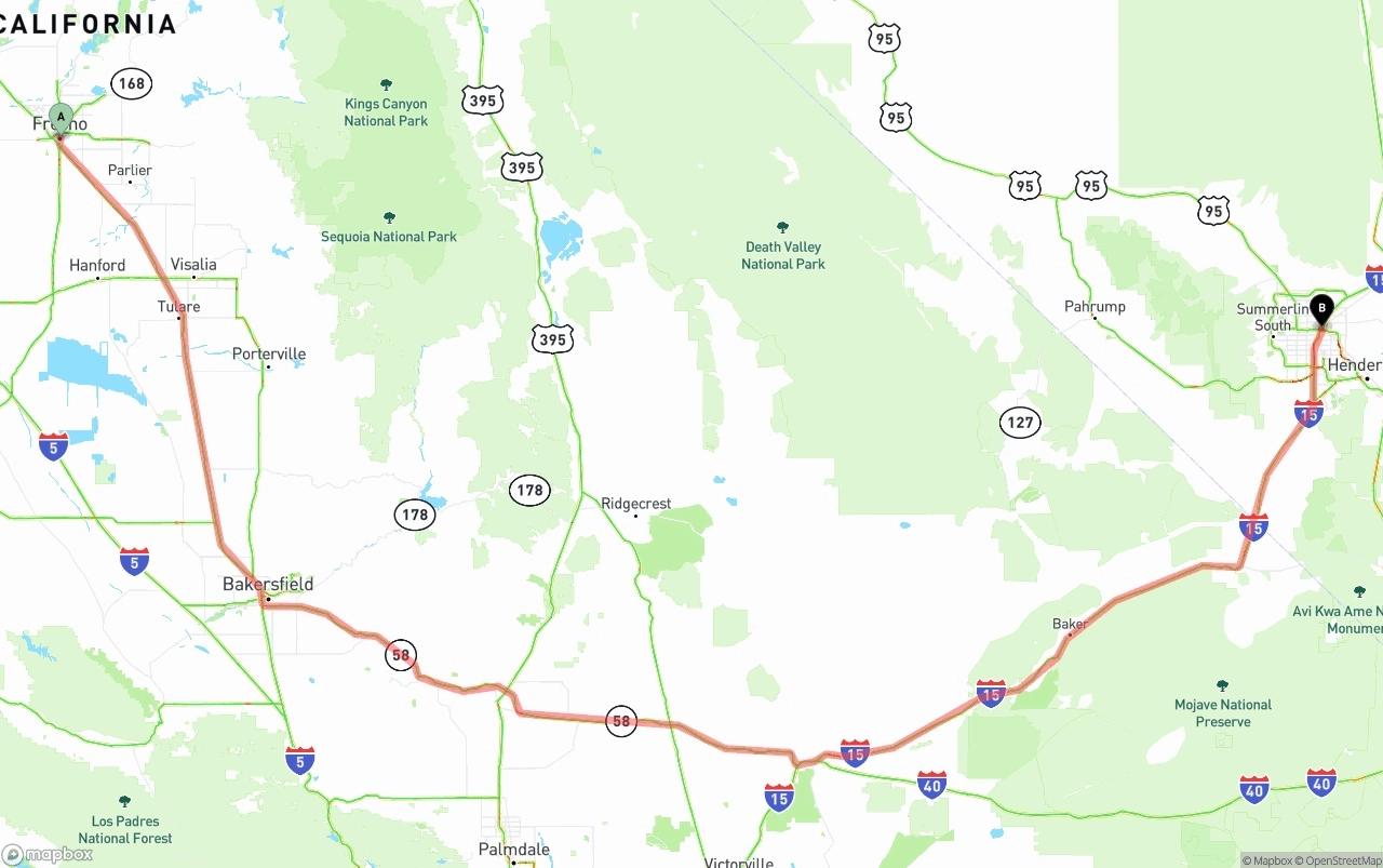 Shipping route from Fresno to Las Vegas