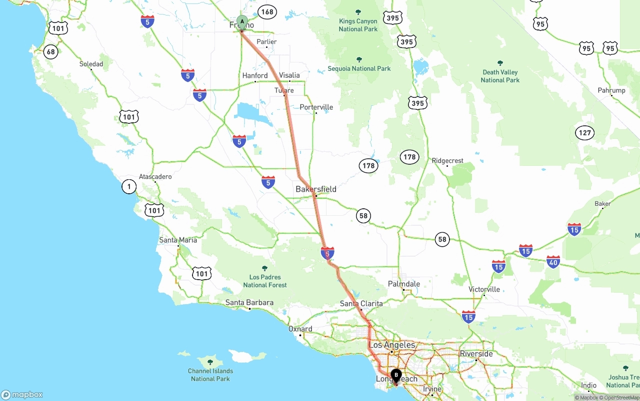 Shipping route from Fresno to Long Beach