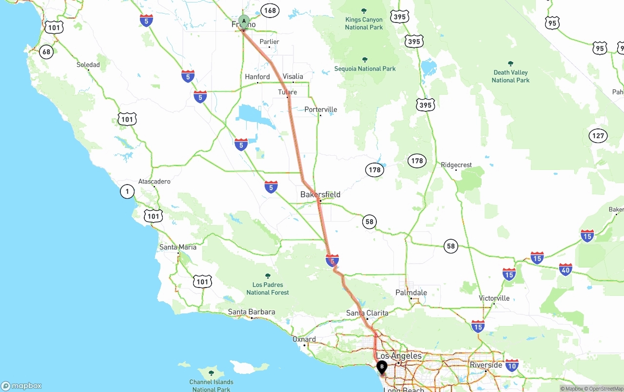 Shipping route from Fresno to Los Angeles International Airport