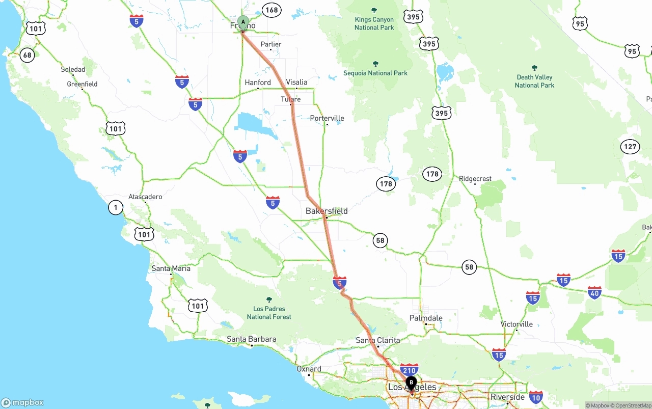 Shipping route from Fresno to Los Angeles