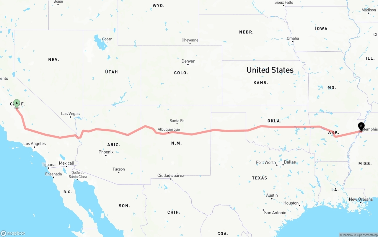 Shipping route from Fresno to Memphis