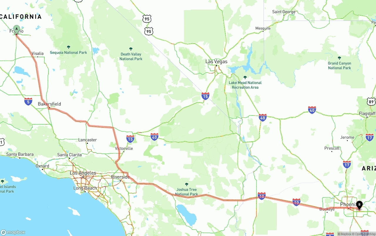 Shipping route from Fresno to Mesa