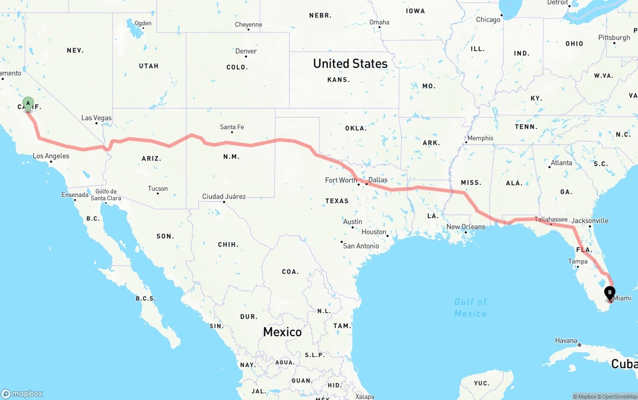 Shipping route from Fresno to Miami International Airport