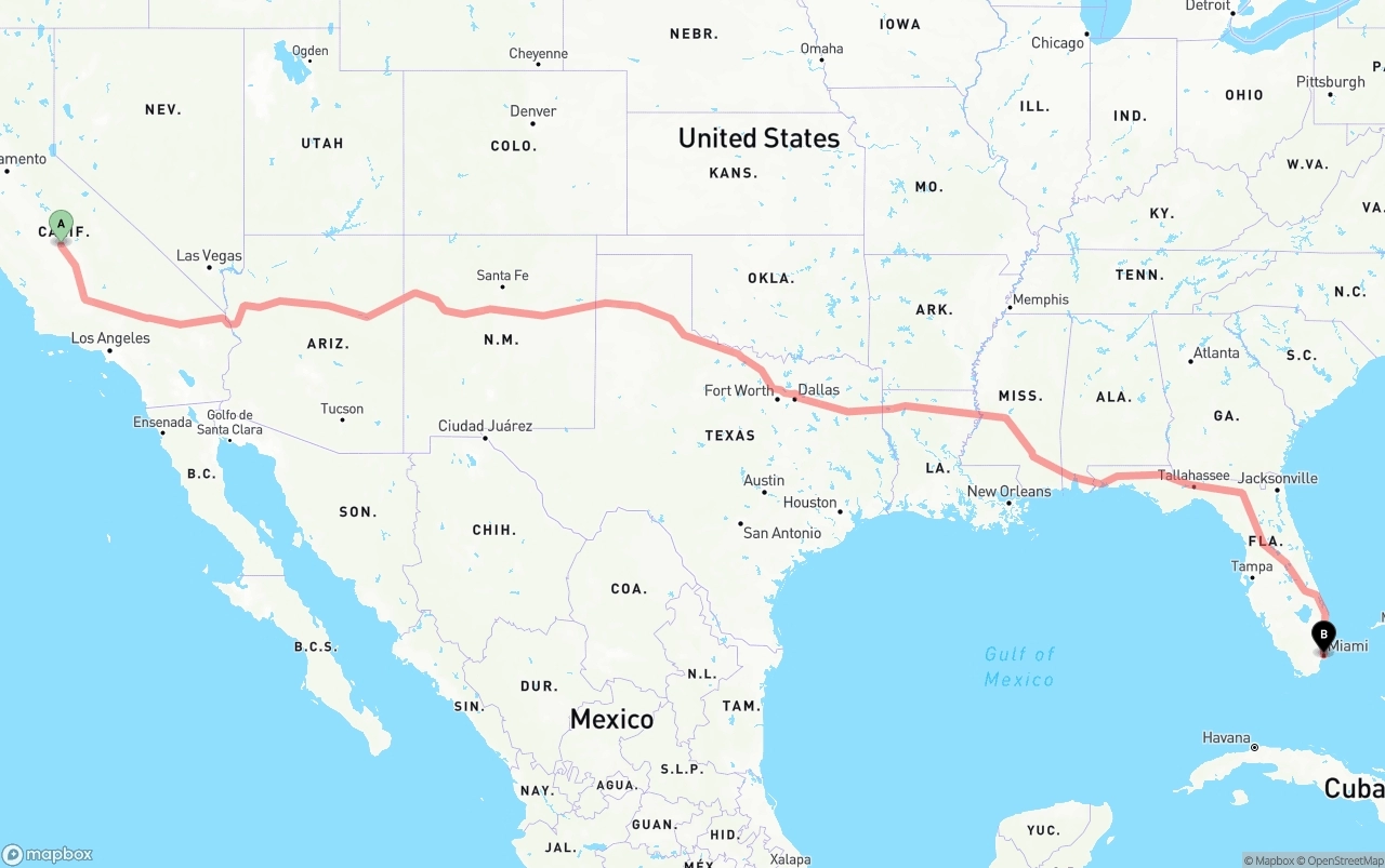 Shipping route from Fresno to Miami