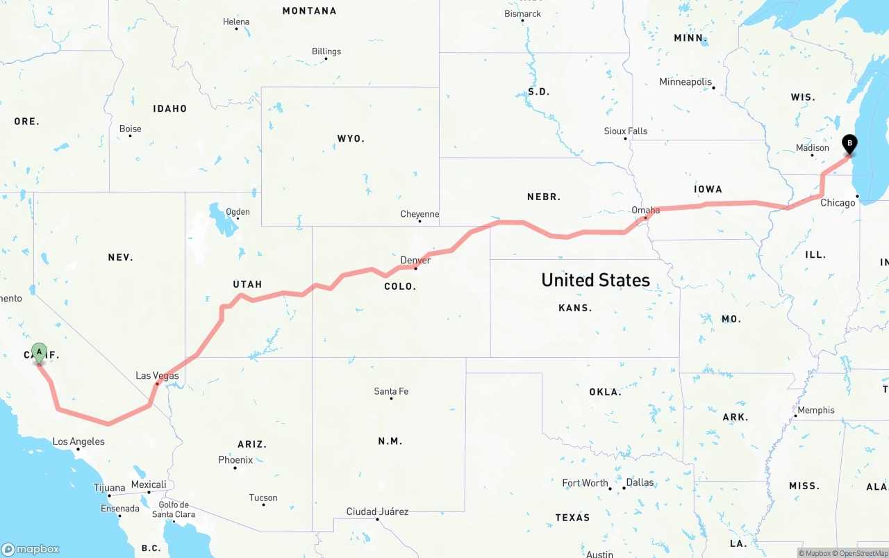 Shipping route from Fresno to Milwaukee
