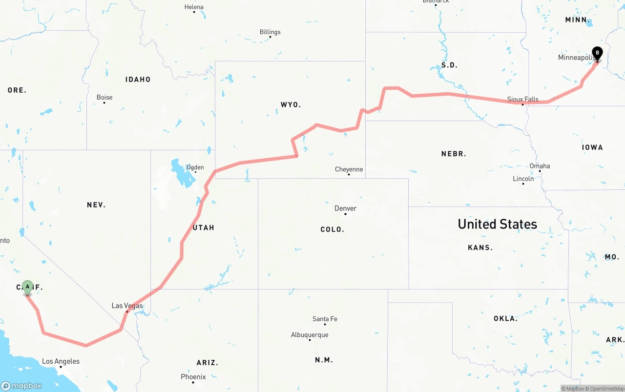Shipping route from Fresno to Minneapolis