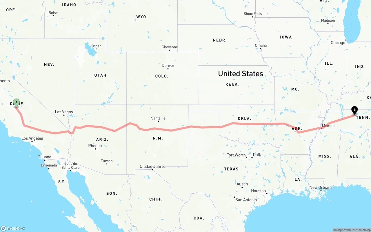 Shipping route from Fresno to Nashville