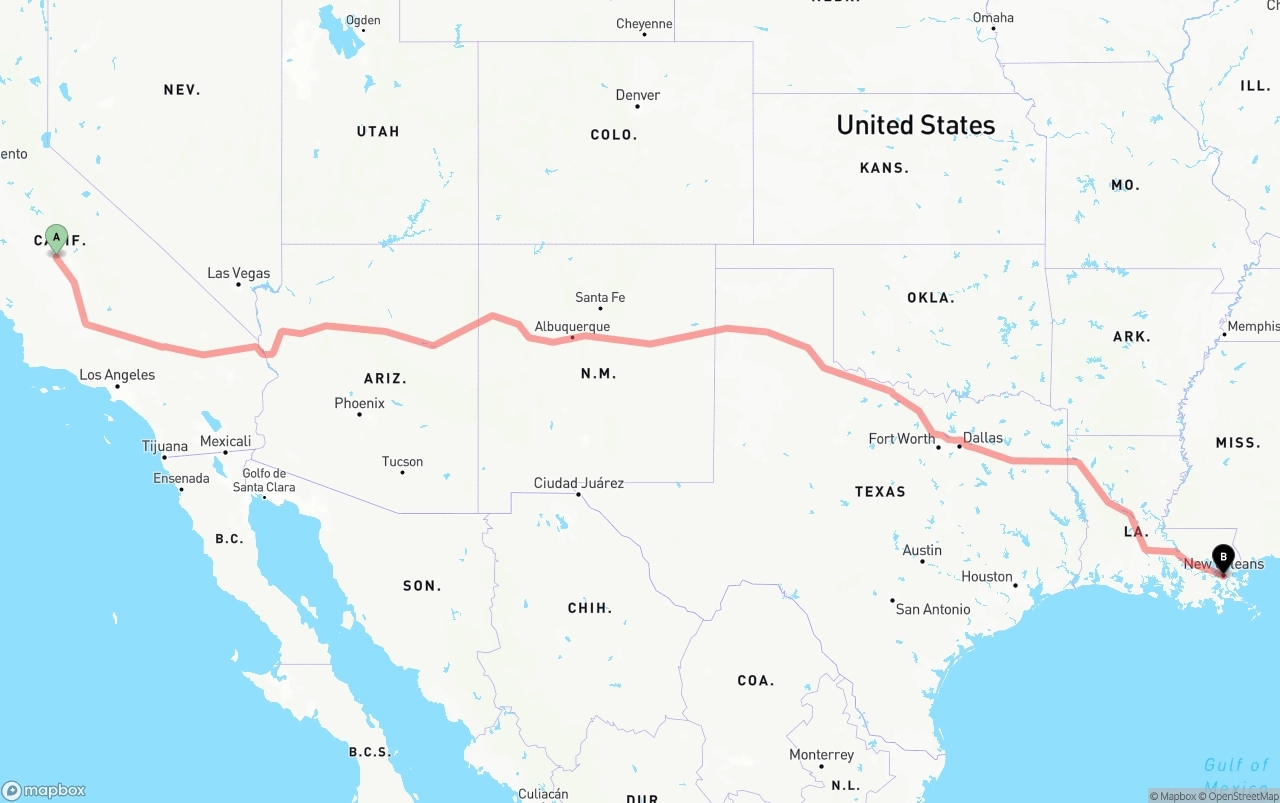 Shipping route from Fresno to New Orleans