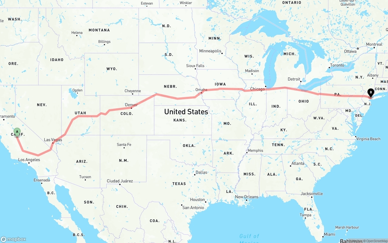 Shipping route from Fresno to New York City
