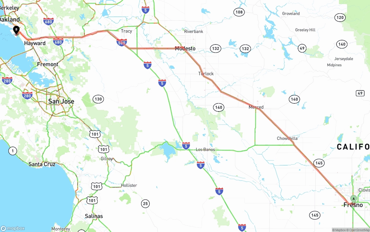 Shipping route from Fresno to Oakland International Airport