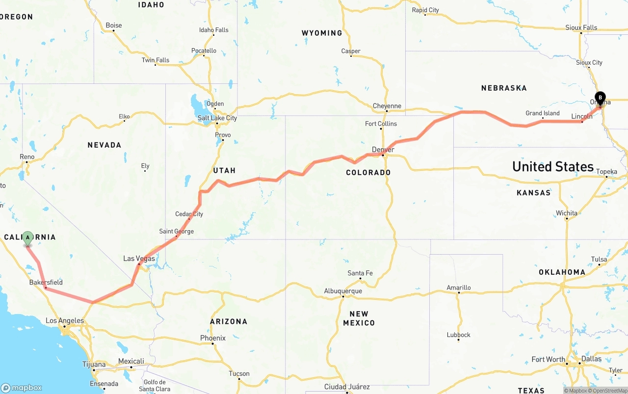 Shipping route from Fresno to Omaha