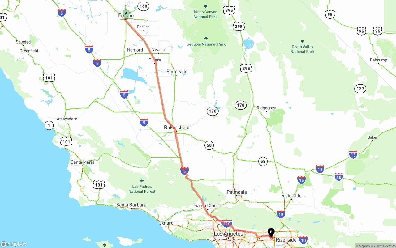Shipping route from Fresno to Ontario International Airport