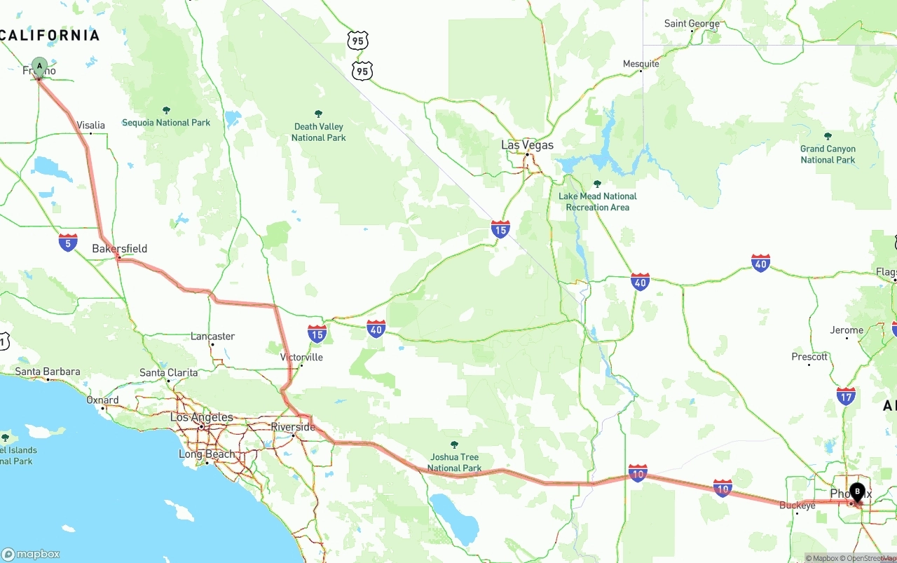 Shipping route from Fresno to Phoenix Sky Harbor International Airport