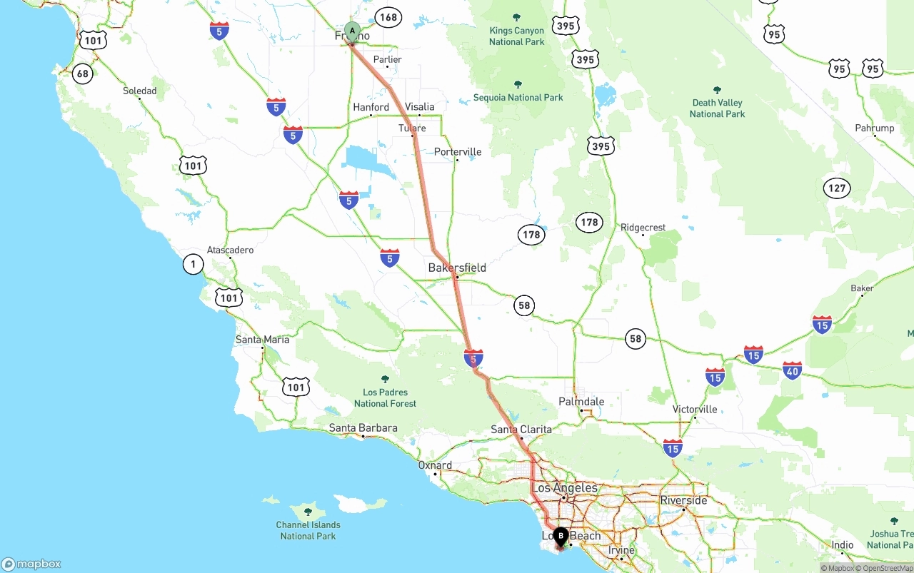Shipping route from Fresno to Port of Los Angeles