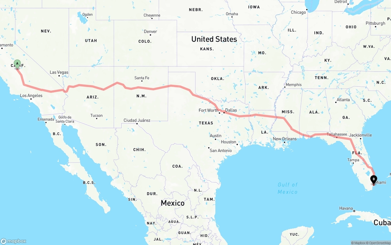 Shipping route from Fresno to Port of Miami