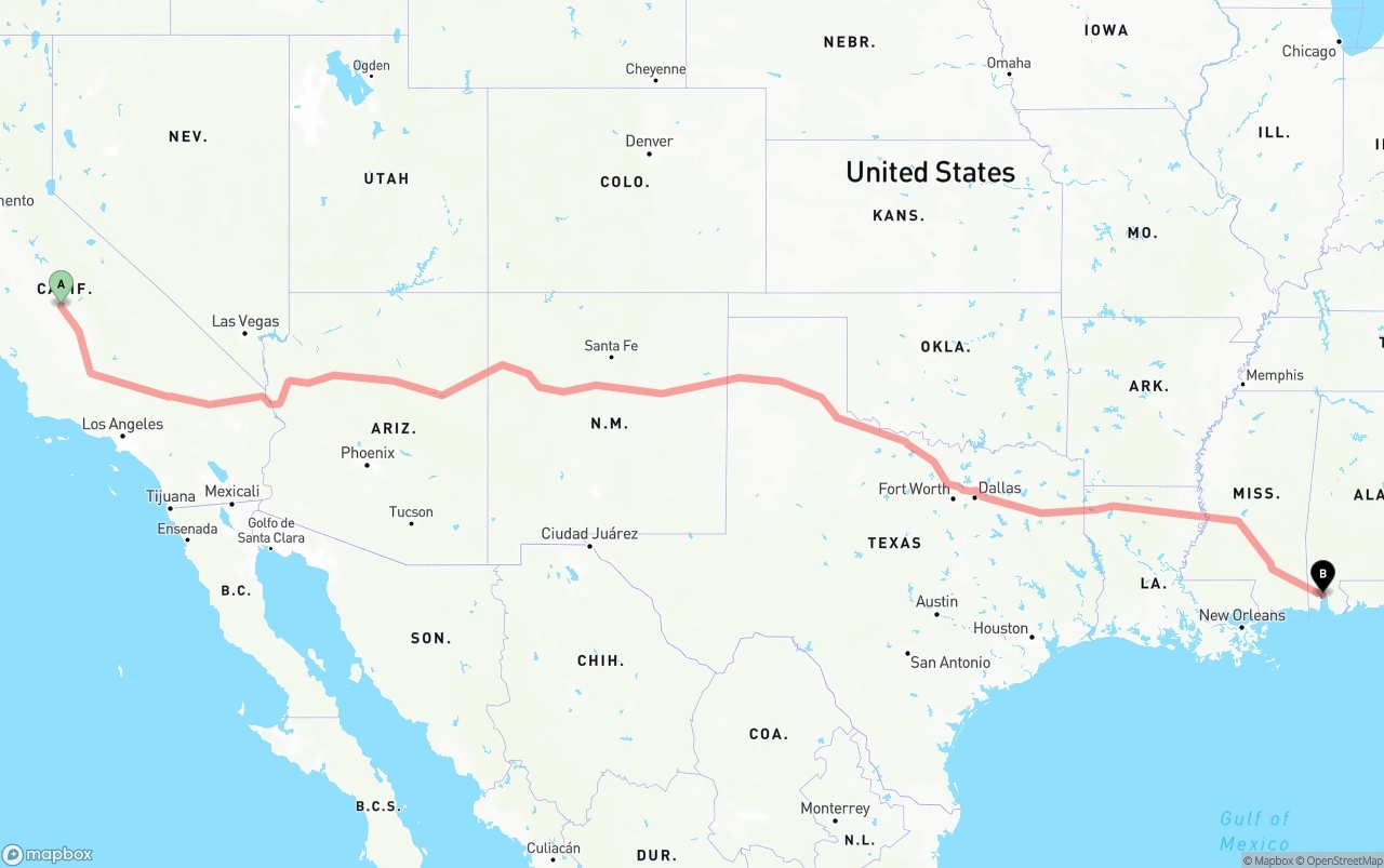 Shipping route from Fresno to Port of Mobile