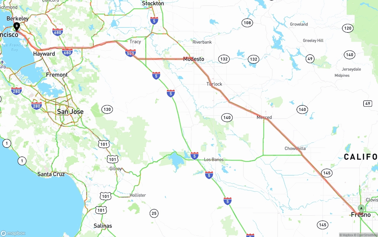 Shipping route from Fresno to Port of Oakland