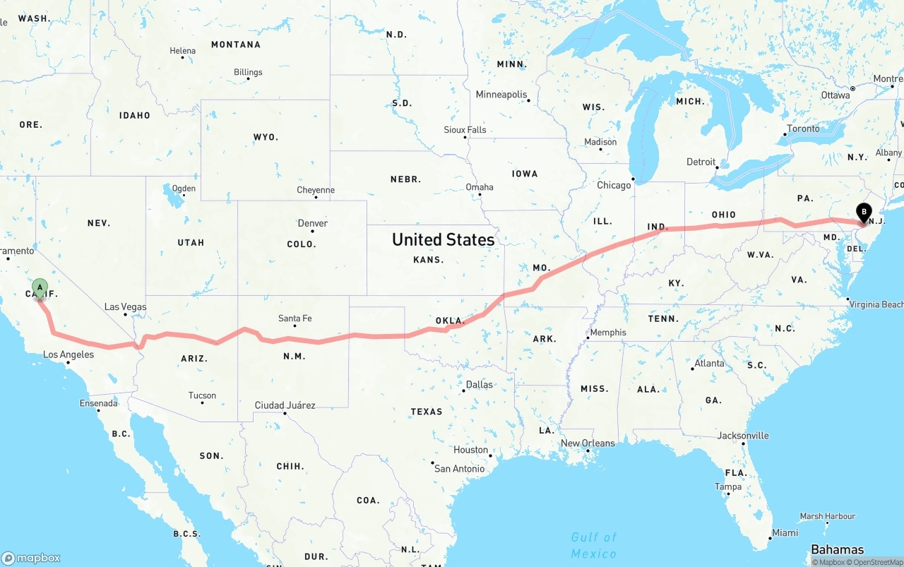 Shipping route from Fresno to Port of Philadelphia