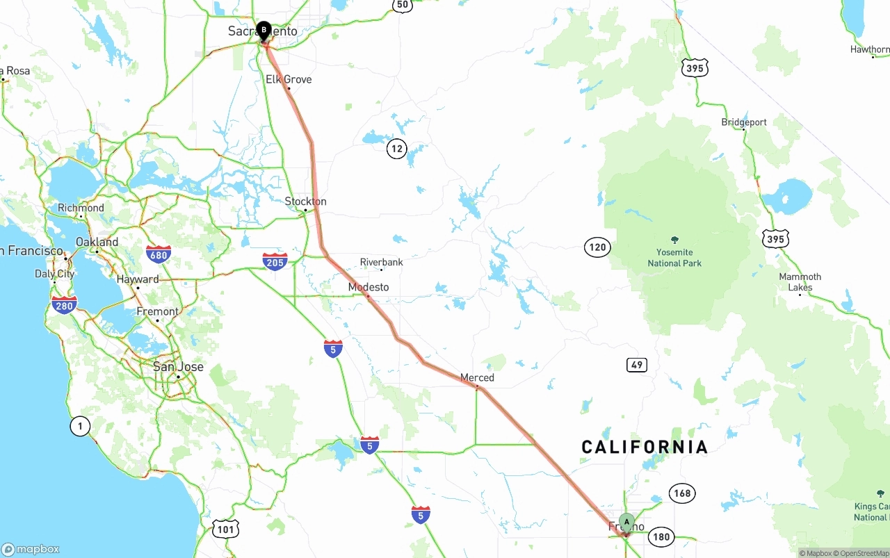 Shipping route from Fresno to Sacramento